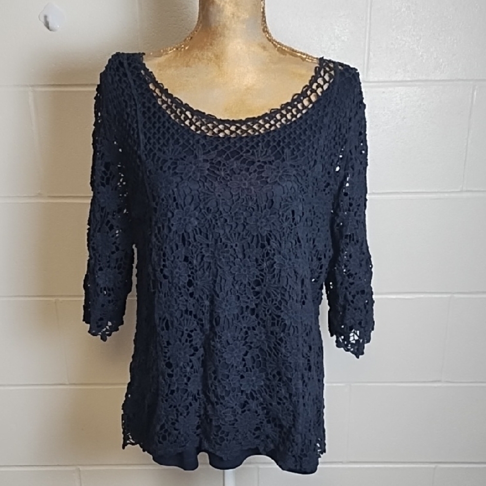 Navy Cotton Crochet Over Navy Tank Top